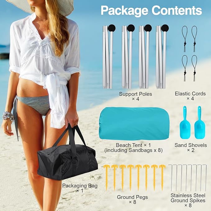 Rhino Valley Beach Tent Shade Canopy UPF50+ Protection 8 Sandbags 4 Stability Poles Outdoor Sun Shelter Umbrella for Sand Camping Fishing Essentials