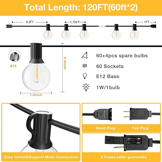GLUROO 120FT Outdoor String Lights G40 LED Patio Lights with 64pcs Bulbs Waterproof Shatterproof Dimmable Globe Hanging Outdoor Cafe Bistro Porch Outside Light 2Packs * 60ft