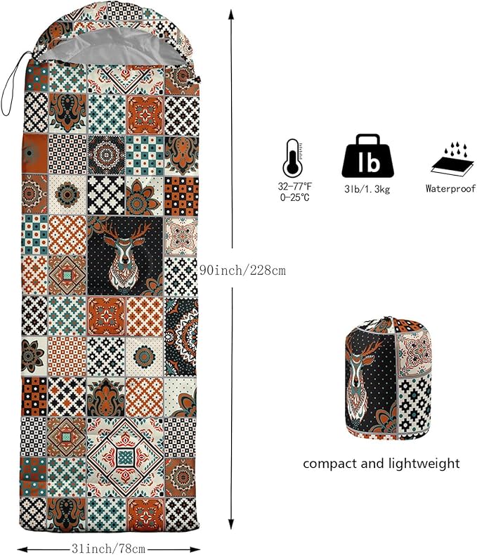 Kids Sleeping Bag for Boys GirlsBohemian Cowboy Print-Lightweight Warm Portable Outdoor Indoor-Waterproof Cold Weather Resistant Sleeping Bag for Camping Hiking