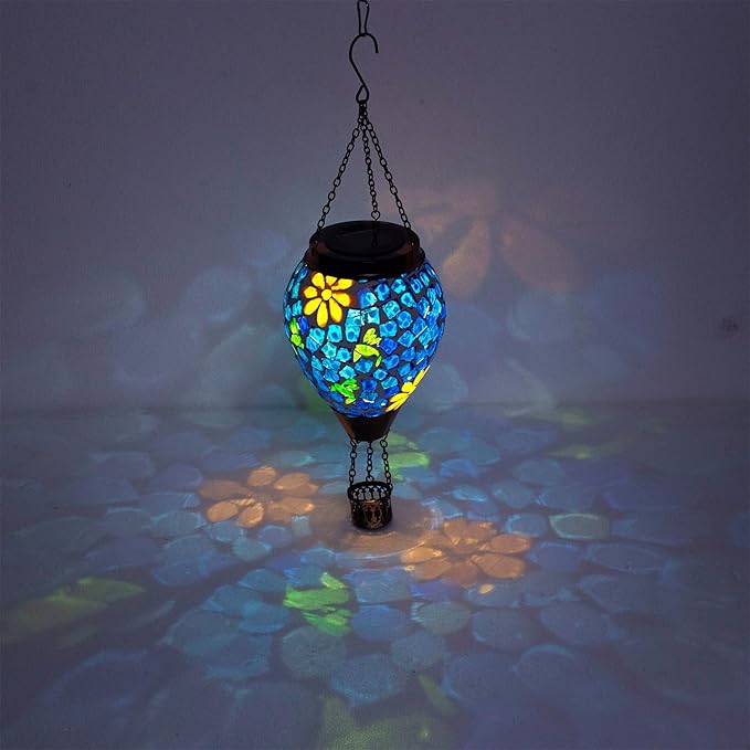 Hummingbird Solar Hot Air Balloon Lantern with Flame Blue Hanging Mosaic Solar Lantern Outdoor Waterproof Outdoor Solar Lights for Yard Gardening Gift for Mom Grandma Women