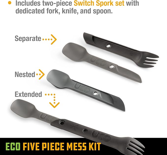 UCO Recycled ECO 5-Piece Camping Mess Kit with Bowl Plate Switch Spork Utensil Set