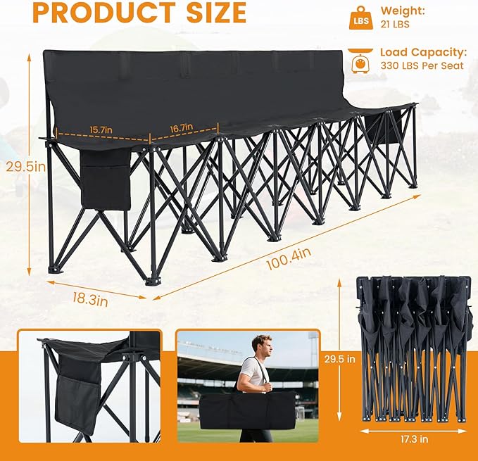 LILYPELLE Portable Bench 6 Seat Soccer Benches for Team Folding Soccer Bench Chair Sideline Benches Camping Chairs for Football Camp Sport Events Outdoor Seating with Carry Bag 1Pack