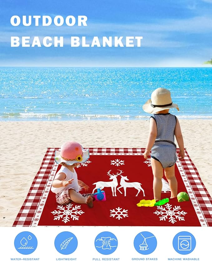 Beach Blanket Waterproof Sandproof Christmas Winter Snowflake Animal Elk Tree Quick Drying Beach Mat with 4 Stakes Red Buffalo Plaid Shadow Lightweight Picnic Blanket for Travel Camping 108x84