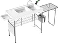 Allpop Fish Cleaning Table with 2 Sinks 42.5'' Portable Folding Camping Fish Station with Extanded Stand Grid Rack Faucet Drainage Hose Sprayer Storage Box Drawer &amp Grooves for Picnic Whit