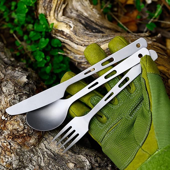 Camping Utensil Set Titanium Fork Spoon Knife 3 Piece Portable Cutlery Set Long Handle Tableware Healthy &amp Eco-Friendly for Travel Picnic Backpacking Outdoors Dishwasher Safe