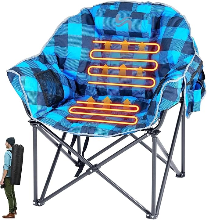 ABORON Oversized Outdoor Camping Chair with 3-Level Heating Portable Heated Folding ChairsBlue Plaid