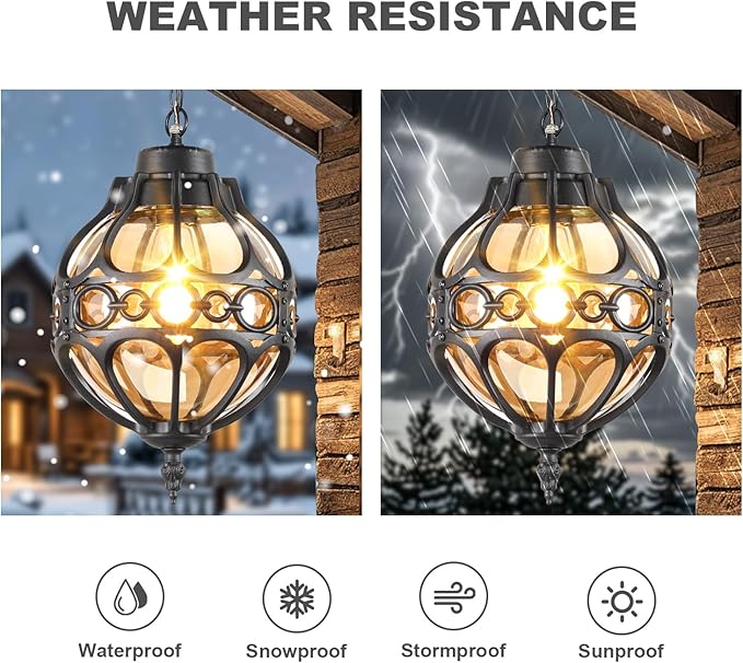 Dusk to Dawn Globe Outdoor Pendant Lights for Porch Garage Black Round Aluminum Anti-Rust Hanging Lighting Fixture Industrial Exterior Ceiling Lantern Light with Amber Glass 2 Pack