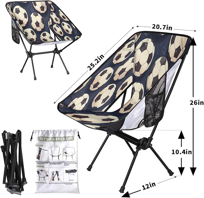 Sports Soccer Navy Camping Chair Folding Backpacking Chair Portable Lightweight Outdoor Chairs with Side Pockets for Hiking Beach Picnic