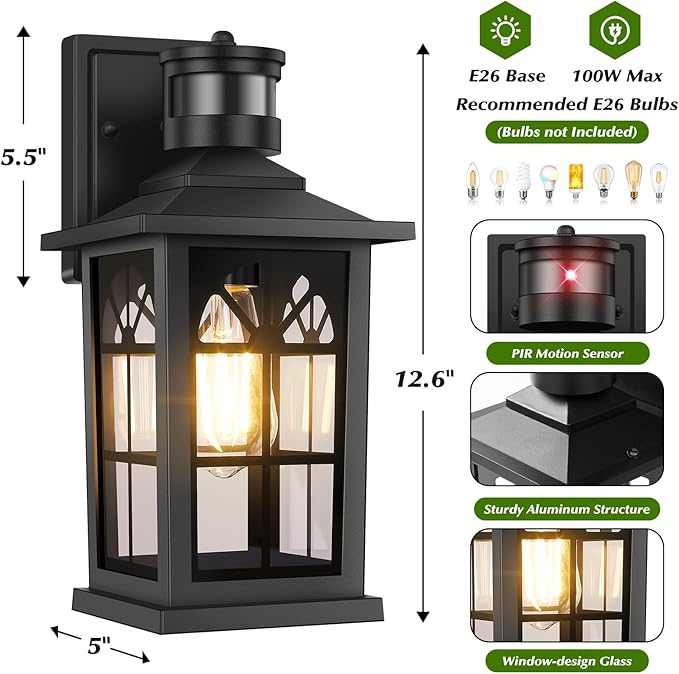 Motion Sensor Outdoor Light Fixture Dusk to Dawn Porch Light Outdoor Wall Sconce Lantern Aluminum Exterior Lighting Fixture Wall Mount 3 Lighting Modes Outside Lights for House Front Door Garage