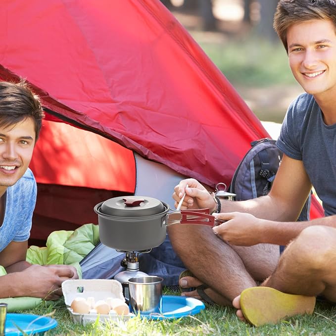 Yardwe Camping Cookware Set for 1-2 People Red Portable Outdoor Aluminum Pot Pan Bowl Combo Lightweight Hiking Picnic Cook Set for Camping and Travel