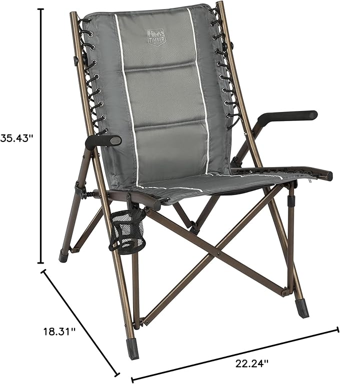 Timber Ridge Bungee Folding Camping Chairs for Adults Heavy Duty Collapsible Padded Chair with Armrests Cup Holder Foldable Outdoor Lounge Chairs for Beach Fishing Lawn Supports 300 lbs Grey
