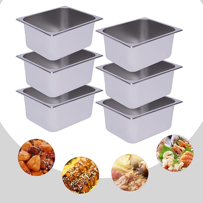 6 Pack 1/2 Size Stainless Steel Steam Hotel Pan 12.99x10.24x6in Steam Table Pan Food Service Pan for Party Kitchen Restaurant Hotel