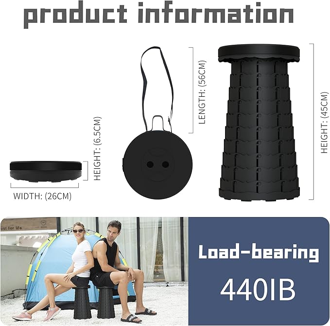 ALEVMOOM Collapsible Stool with Cushion Capacity 440lbs Adjustable Height Portable Telescoping Folding Stool for Outdoor Camping Travel Hiking Fishing