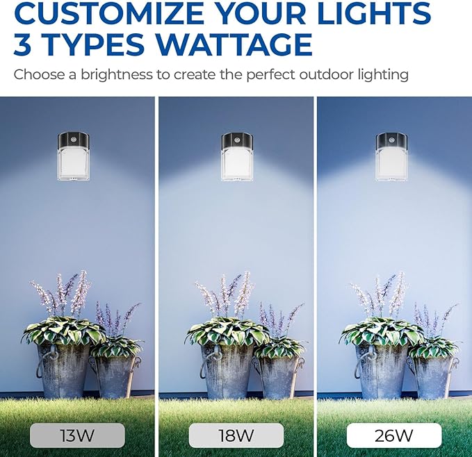 CINOTON 26W LED Wall Pack Light with Dusk to Dawn Sensor 3CCT 3000K/4000K/5000K 26W/18W/13W Switchable [100-277Vac] IP65 Waterproof Outdoor Security Flood Lighting for Garage Warehouse 2 Pack