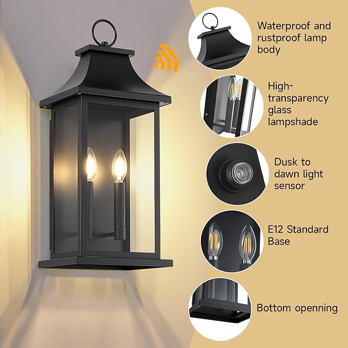 Large Outdoor Wall Lights Dusk to Dawn Sensor Outside Lights Exterior Lighting Fixtures Wall Mount Wall Sconce Light Outdoor Lanterns for Porch Black 22 2-Light 1-Pack