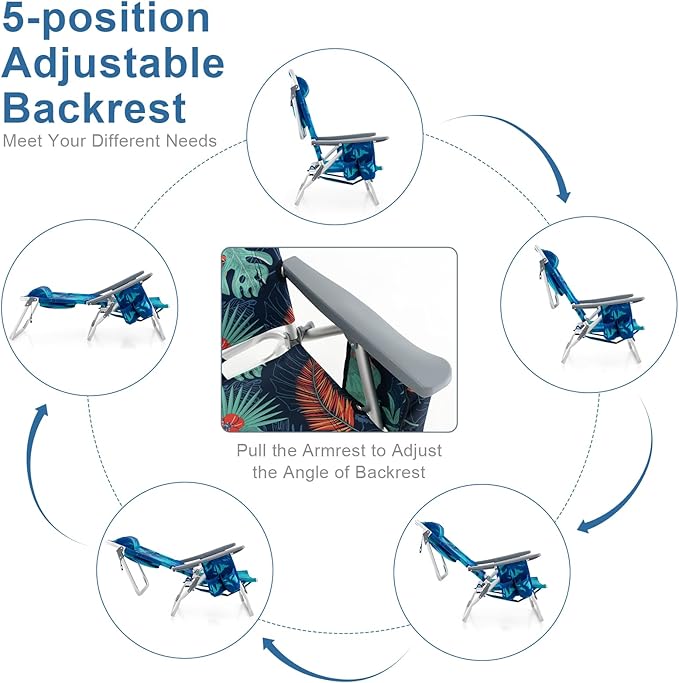 GYMAX Beach Chairs Backpack Camping Chair with Armrest Cooler Bag Cup Holder Towel Bar &amp Side Pockets Sunbath Sling Tanning Lounge Folding Layout Chair (with Table Coconut Tree)