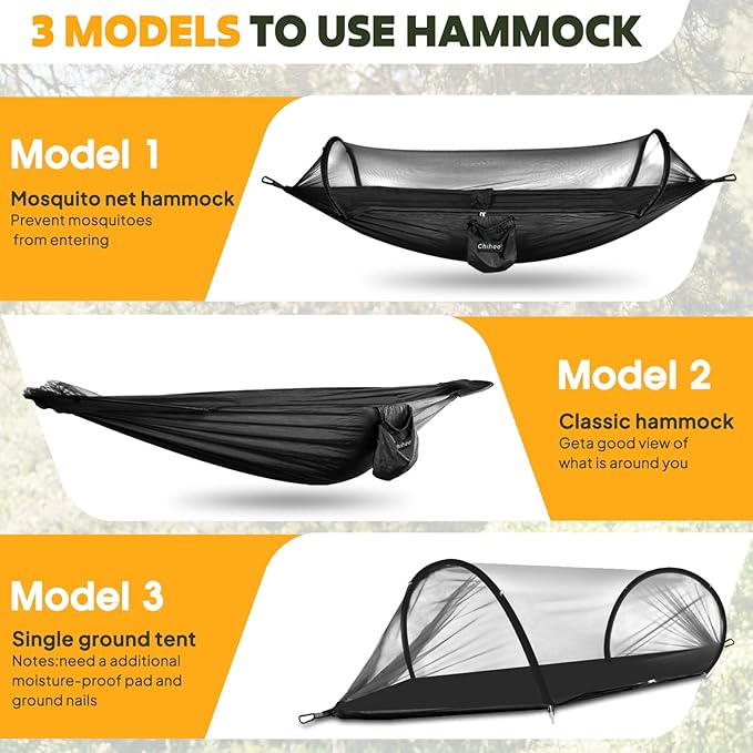 Chihee Ultra-Light Travel Camping Hammock Pop-up Net Hammock 660lbs Load CapacityBreathableQuick-Drying Parachute Nylon 2 Premium Carabiners2 Tree Slings Included for Outdoor Backpacking Hiking