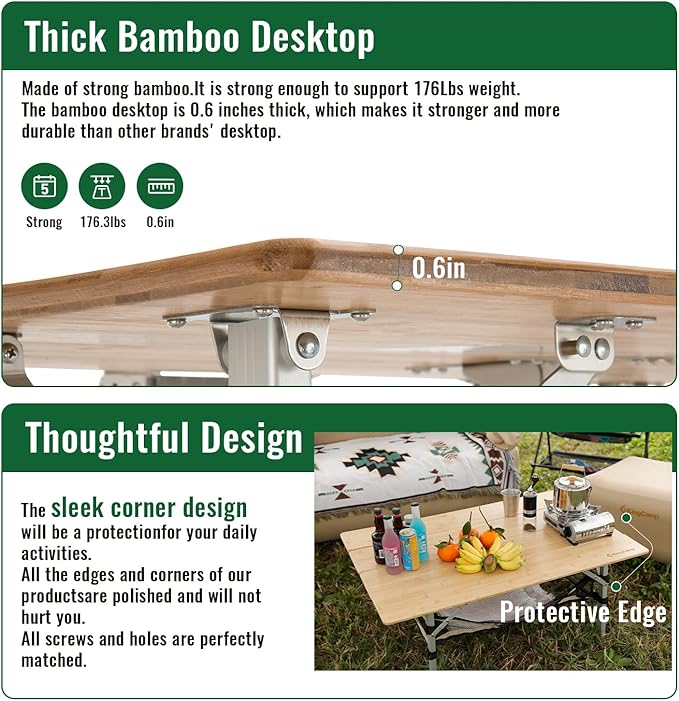 KingCamp Bamboo Folding Camping Table Adjustable. Supports 176lbs with A Premium Bamboo Top and 3 Adjustable Heights Ideal for Stable Dining or Cooking at Picnics RVs and Glamping Sites