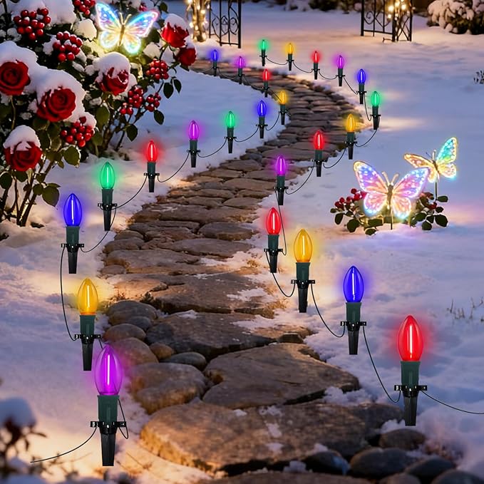 C9 Christmas Pathway Lights Outdoor 38 Ft 25 LED Multicolor C9 Christmas Lights Connectable Outdoor Waterproof Walkway Markers Light for Driveway Yard Garden Lawn Xmas Decorations