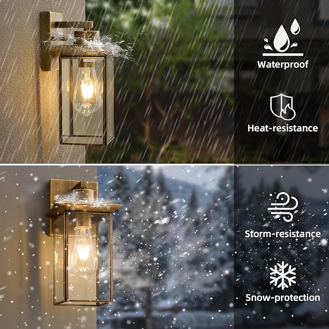 Brass Outdoor Wall Light Fixtures Exterior Waterproof Lanterns Porch Wall-Mounted Lights with E26 Socket and Glass Shade – Modern Rustproof Wall Sconces for Yard Front Door &amp Entryway.2-Pack