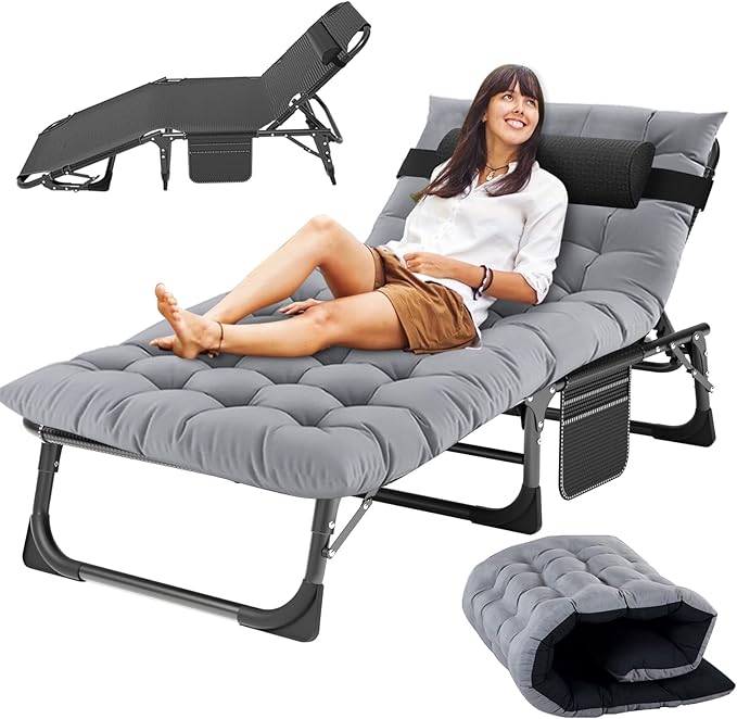 Slsy Sleeping Cots for Adults 5-Position Folding Chaise Lounge Chairs Outdoor Portable Folding Bed Cot Lounge Chair for Beach Lawn Camping Pool Sun Tanning