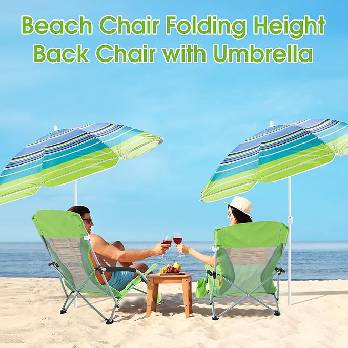 Huwena 2 Pack Beach Chair for Adult with 2 Umbrella Low Folding Chair Detachable Adjustable Lightweight with Armrests Cup Holder Carry Bag Portable for Sand Camping Travel Outdoor Pool(Fruit Green)