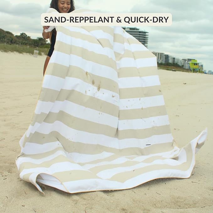 Plush Microfiber Beach Blanket Extra Large Beach Mat for 3-6 Persons Sandproof Windproof | Hole for Umbrella Corner Sand Pockets to Fight Wind (Bag for Blanket Included)