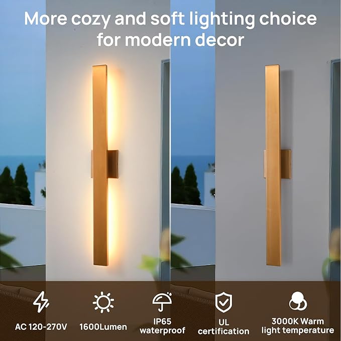 Gold Long LED Porch Lights 34 in Modern Exterior Lighting Fixtures Waterproof Outdoor Wall Lights 3000K Outside Lights for House Garage Front Door Patio1 Pack