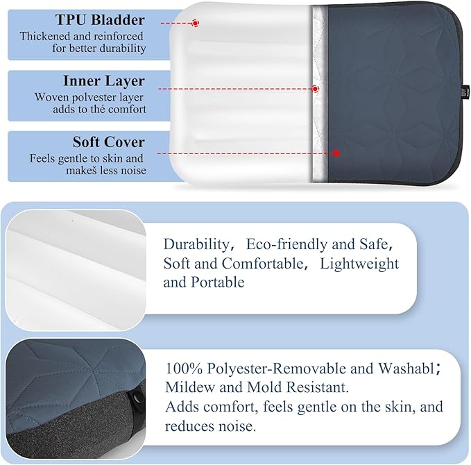 Camping Pillow with Removable Cover Large Size 24“ x 15 - Ultralight Inflatable Pillow for Camping Lightweight Ergonomic and Washable for Camping Hiking and Travel Gray