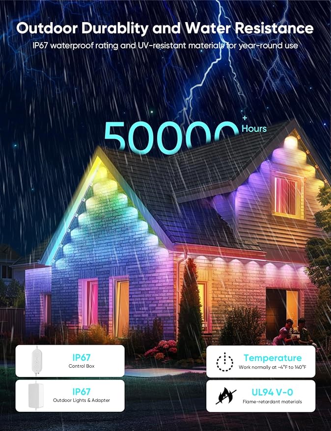 APPECK Permanent Outdoor Lights Pro 100ft 72W RGBCW Eaves Lights with 72 LED Lights 80lm Cuttable 111 Scene Modes IP67 Waterproof Lighting for Christmas Decoration Compatible with Alexa White