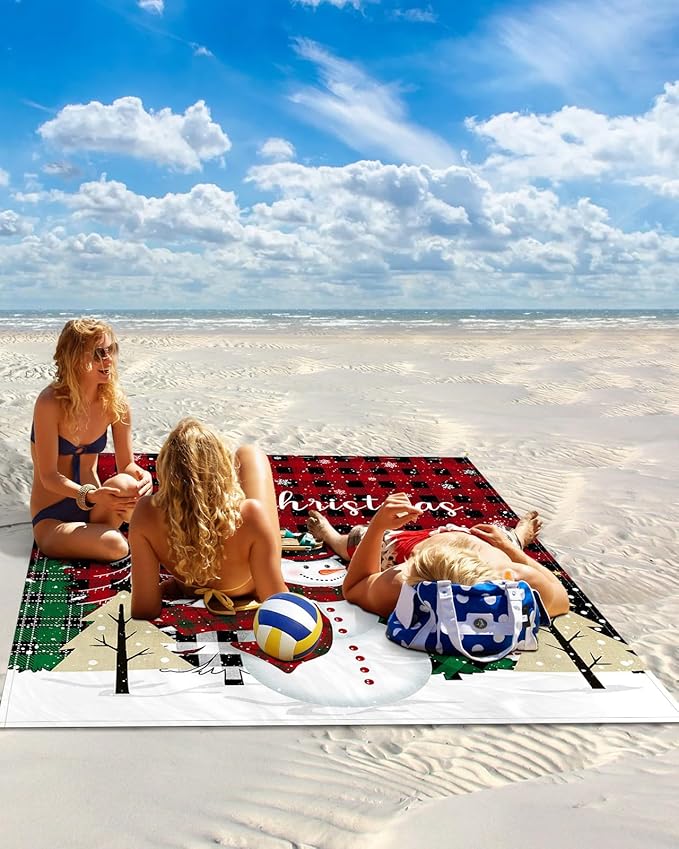 Beach Blanket Waterproof Sandproof Snowman Xmas Tree Red Black Buffalo Plaid Quick Drying Beach Mat with 4 Stakes Winter Snowflakes Lightweight Picnic Blanket for Travel Camping Outdoor 108x84