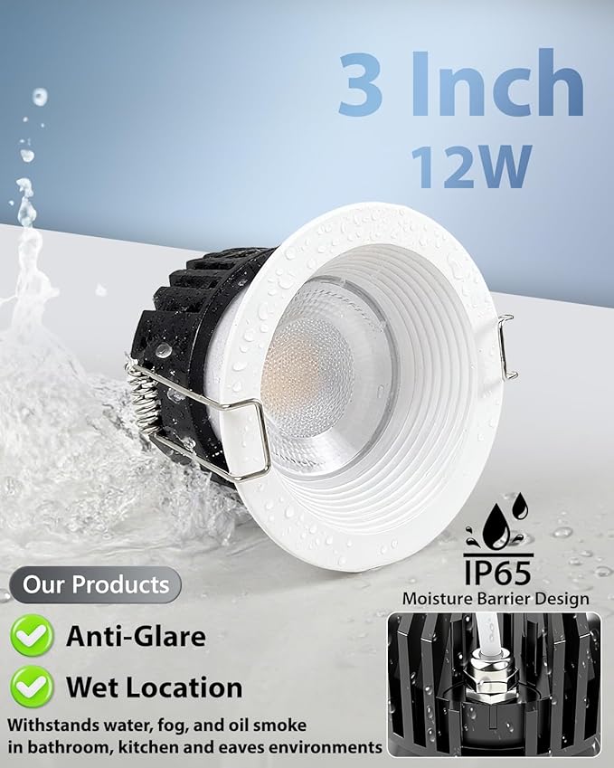 Adetu 3 Inch 5CCT Anti-Glare LED Downlight with Junction Box 2700K/3000K/4000K/5000K Selectable CRI90+ 12W COB 1160LM IP65 Waterproof Dimmable-ETL and Energy Star Certified (White12 Pack)