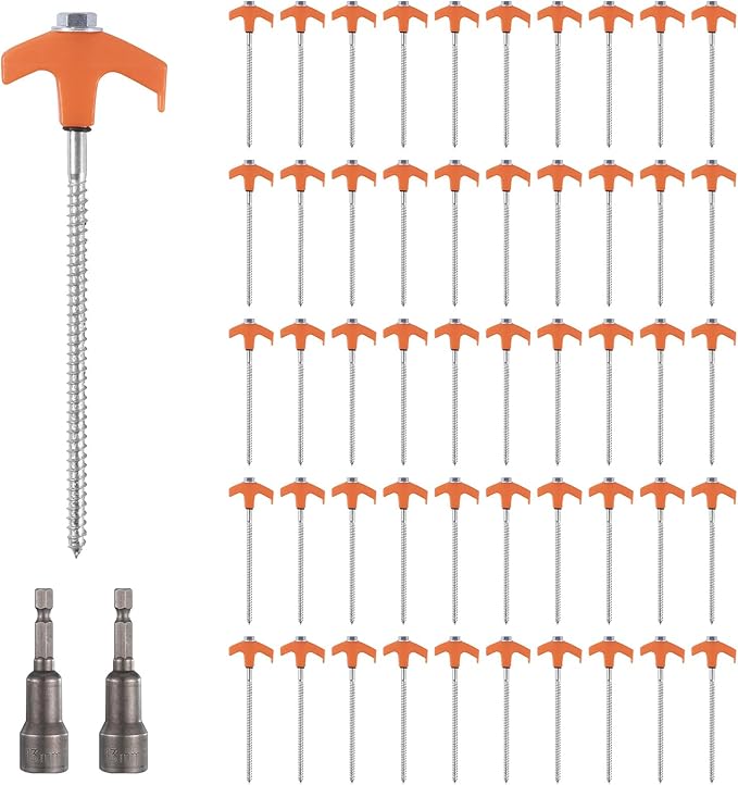 50 Pack 8 Inch Screw in Tent Stakes Heavy Duty Tent Stakes Screw in Ground Camping Stake with Hex Head Driver Metal Pegs Spikes for Camping Garden Yard (Orange)