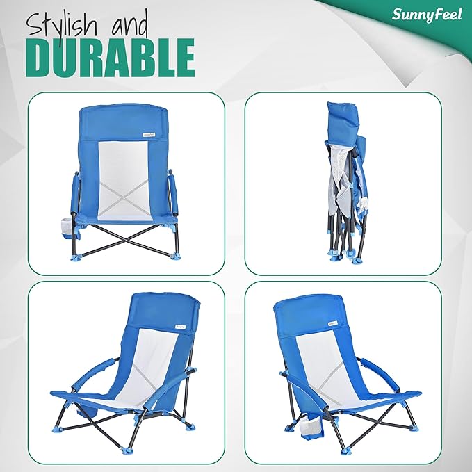 SUNNYFEEL Folding Low Camping Beach Chair 2 Pack Lightweight Portable Lawn Chair with Mesh Back Cup Holder for Outdoor/Travel/Picnic/Concert Foldable Camp Backpack Chairs with Carry Bag