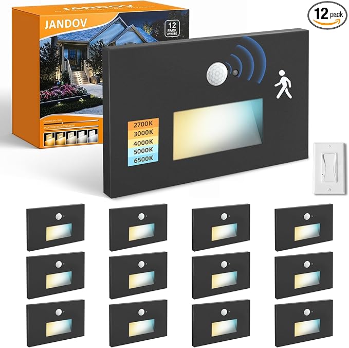 Motion Sensor Stair Lights Indoor Outdoor 5CCT Dimmable LED Step Lamp with Switch 4W 300LM 2700K-6500K IP66 Waterproof Hardwired 120V Stairway Staircase Walkway Lighting- Black 12 Pack ETL