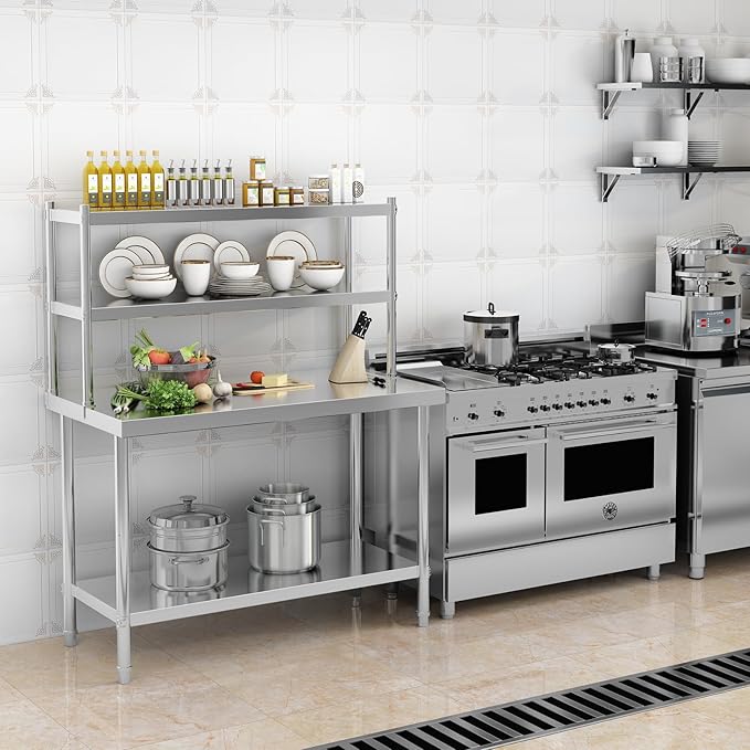 2-Tier Stainless Steel Commercial Work Table 47.2 W x 23.6 D x 31.5 H with Overshelf Heavy Duty Kitchen Prep Table for Restaurant Home Kitchen Garage Warehouse