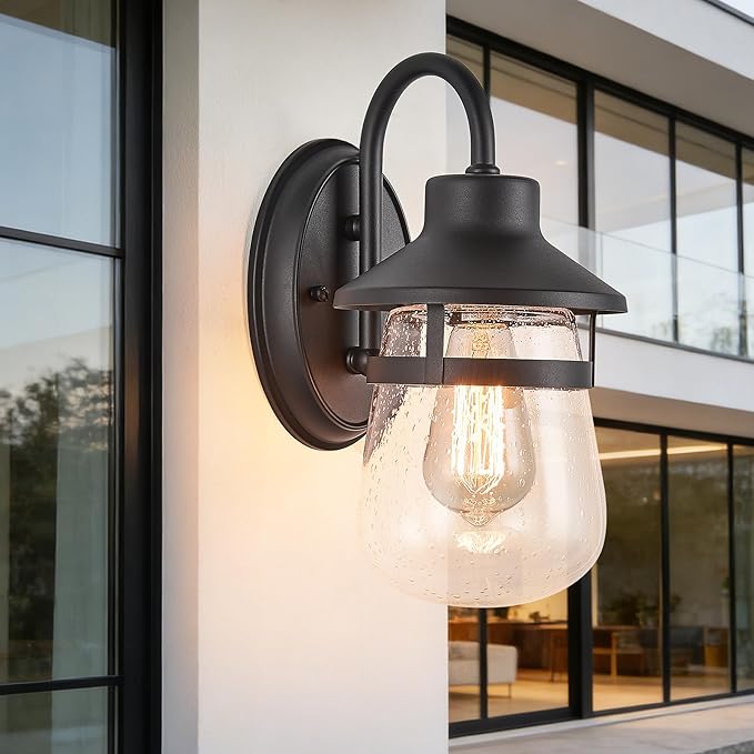 Classic Outdoor Porch Lights Wall Mounted Textured Black Clear Seeded Glass Waterproof and Anti-Rust Exterior Lights for Patio Yard House Hallway Doorway and Garage.
