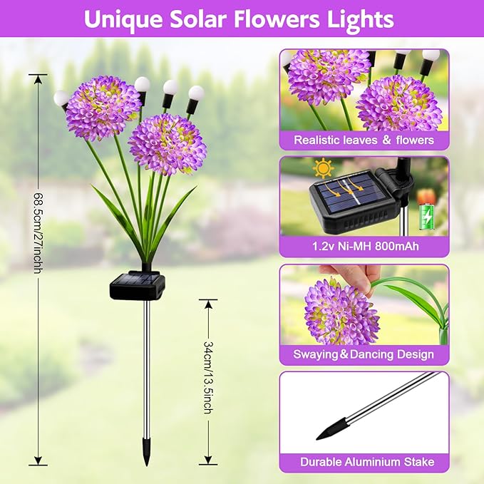 Solar Garden Lights 4 Pack Solar Purple Swaying Firefly Lights with Flowers Waterproof Purple Halloween Flowers Light Outdoor for Garden Patio Yard Fall Decoration Gifts for Women Mother's Day