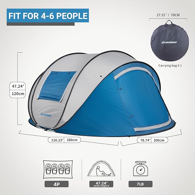EchoSmile Instant Pop Up Camping Tent 2/4/6 Person Easy Setup Tent Water Resistant Dome Portable with Carry Bag