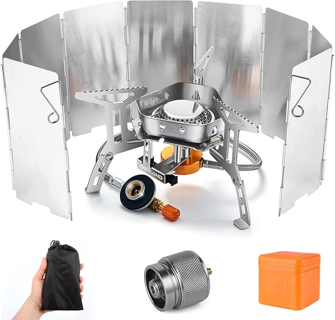 Odoland 3500W/6800W Windproof Camp Stove Camping Gas Stove with Windscreen Fuel Canister Adapter Piezo Ignition for Outdoor Backpacking Hiking and Picnic