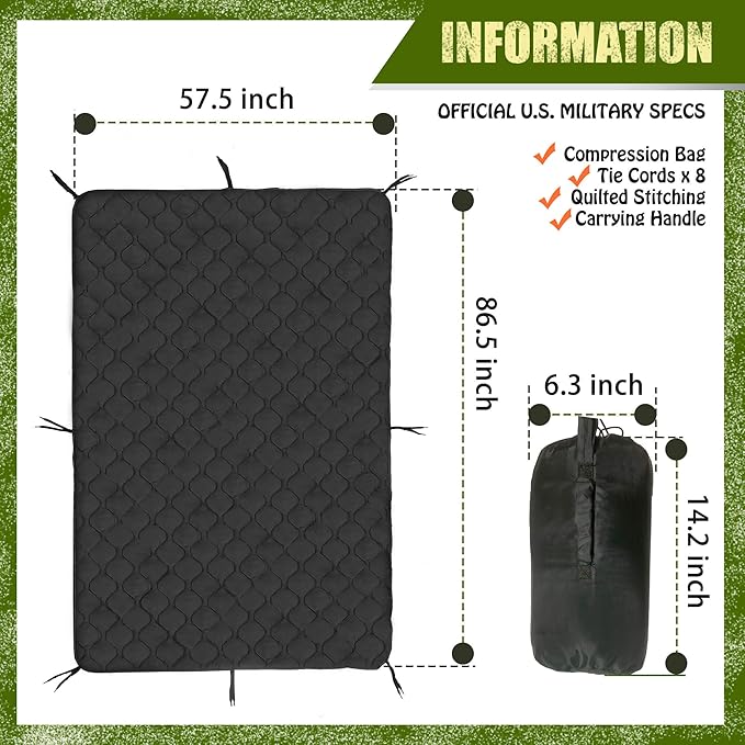 Woobie Blanket Thermal Insulated Military Poncho Liner Water-Resistant Portable Insulation for Hiking Survival with Compression Carry Bag (Black)