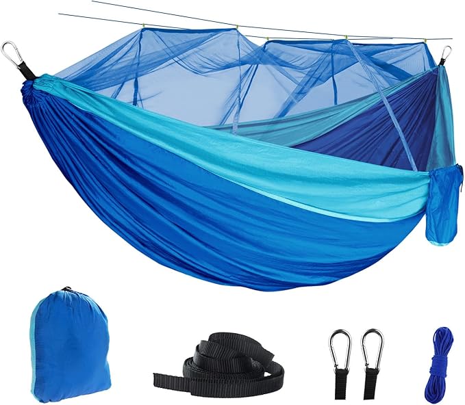RANIT Camping Hammock with Net 210T Parachute Nylon FabricSingle Lightweight Portable HammocksParachute Hammock for Camping Outdoor Backyard BackpackingHiking (Blue)