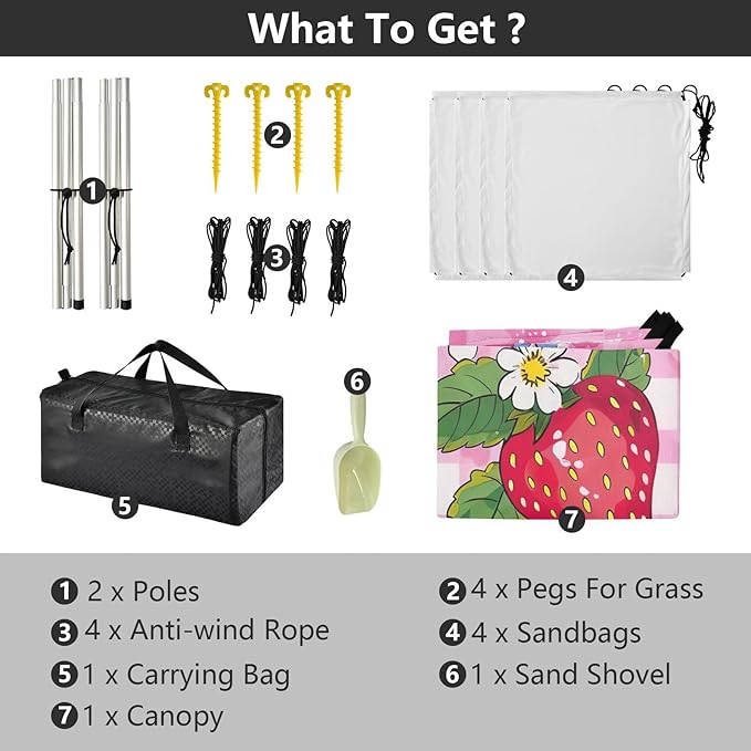 Strawberry Pattern Beach Tent Sun Shelter 9.2' x 10.5' Beach Canopy with 4 Sandbags 4 Stability Poles Sand Shovels - Tent Canopy for Beach Camping Fishing Picnics