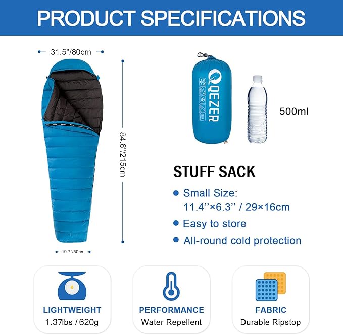 Ultralight Down Sleeping Bag for Adults with 600 Fill Power Compact Sleeping Bag for Backpacking Hiking and Camping