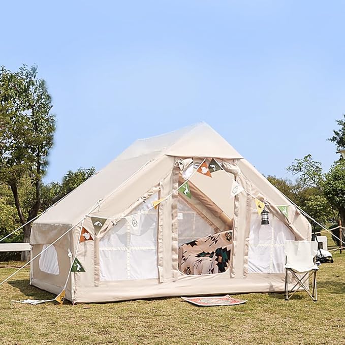 Inflatable Tents for Camping Blow Up Tent with Hand Pump for 2-6 Person Easy Setup 4 Seasons Waterproof Windproof Outdoor Oxford Cabin Tent House with Mesh Windows &amp Doors for Friend Family Trav