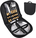 Outdoor Camping Silverware 10Pcs Set Stainless Steel Outdoor Camping Mess Kits Includes Forks Spoons Knives Fork Spoon Dish and Cap Opener Plates - Portable Cutlery Bag