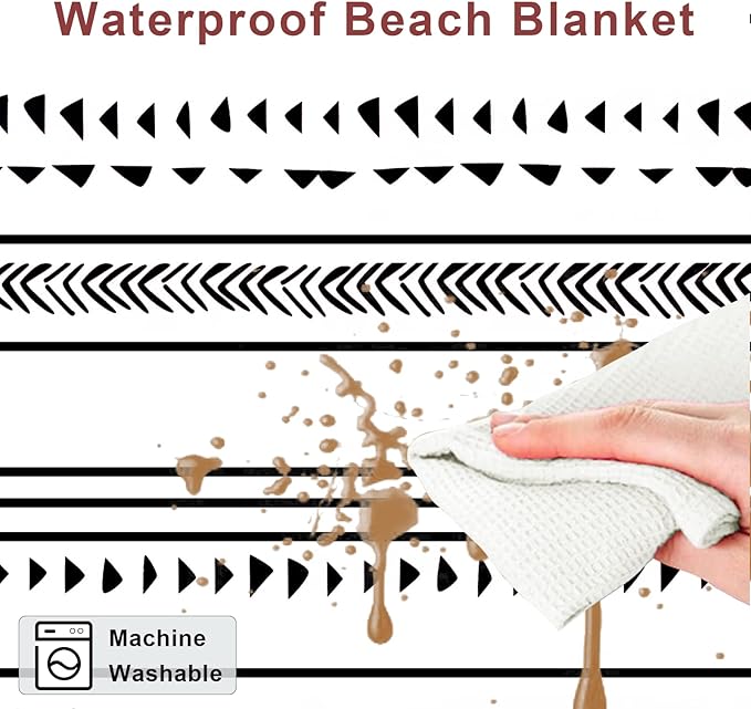 BEW Large Beach Blanket for 1-4 Adults 78in×86in Waterproof Sandproof Blankets with 4 Stakes &amp Corner Pockets Polyester Lightweight Foldable Outdoor Picnic Mat Camping Hiking White-black Lines