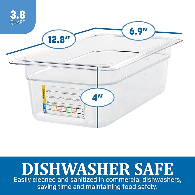 Carlisle FoodService Products Storplus Permalabel Food Storage Container Food Pan with Integrated Label for Kitchen and Restaurant Polycarbonate 1/3 Size 4 Inches Deep Clear - (Pack of 6)