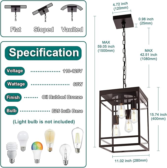 Large Outdoor Pendant Light for Porch Oil Rubbed Bronze Outdoor Hanging Light Fixture with Clear Glass Shade Exterior Linear Chandelier Hanging Lantern for Outside PatioFront Door