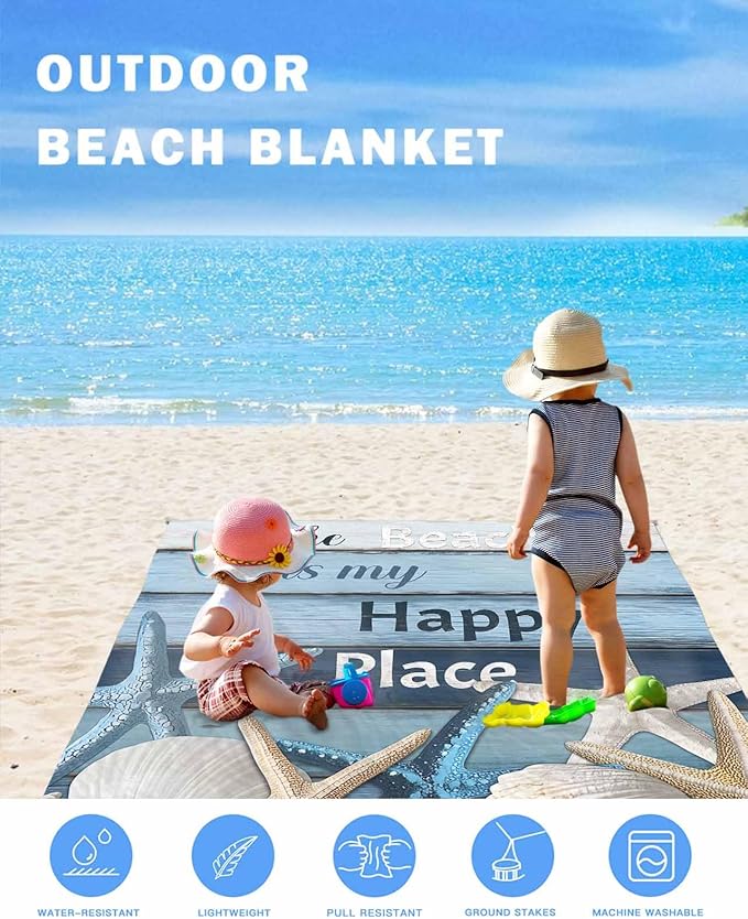 Beach Blanket Waterproof Sandproof Picnic Blanket 83x79 Foldable Beach Mat with Starfish Farmhouse Shell Country Wood Grain Ocean Pattern for Camping Park Grass Beach Travel